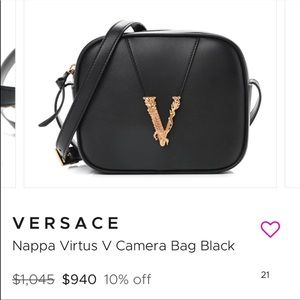 Versace Black Nappa Virtus V Camera Crossbody Bag with Gold V